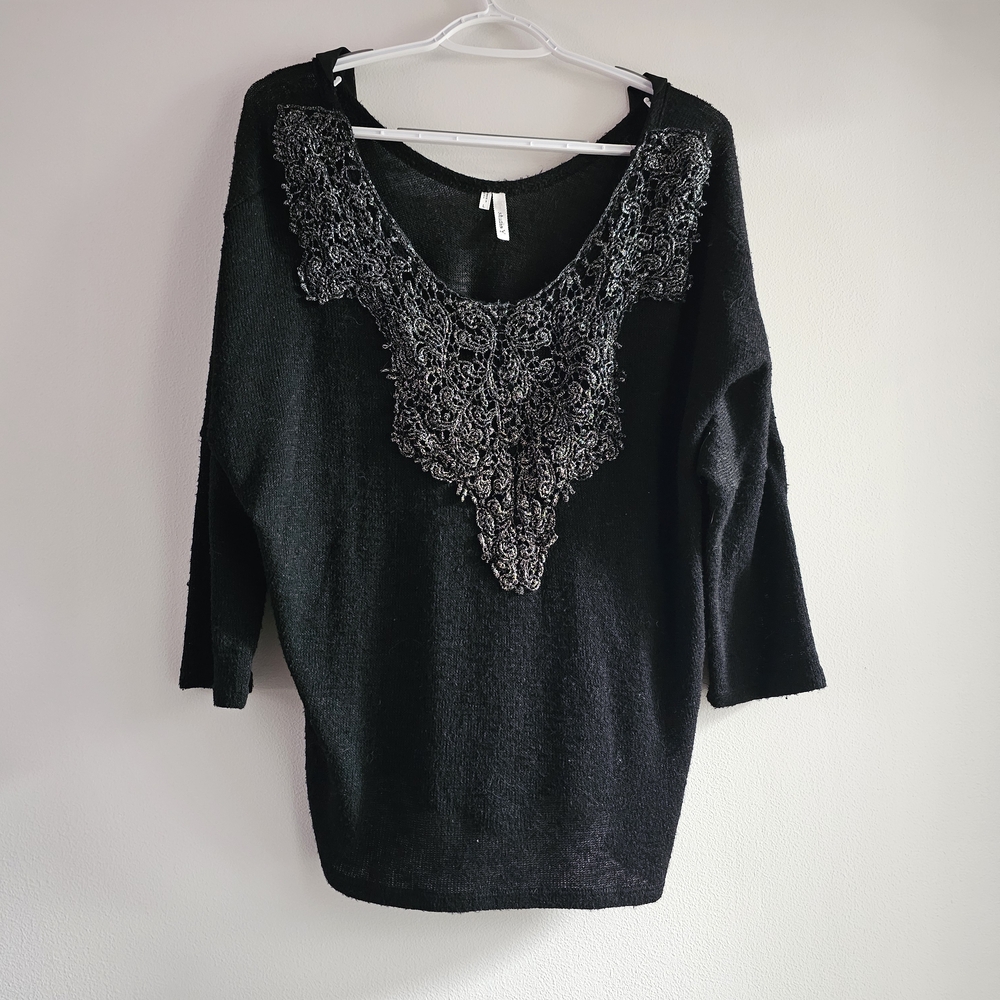 Studio Y Black Sweater with Silver Embroidery